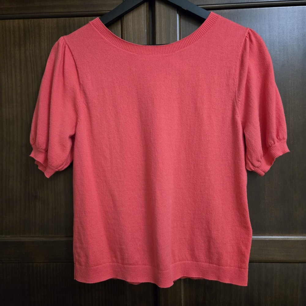 J Crew Womens Medium Coral Pink Floral Bow Puff Sleeve Knit Top Cottagecore Gran - Picture 2 of 11